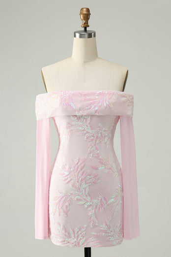 Błyszcząca Różowa Cekinowa Sukienki Koktajlowe Z Odkrytymi Ramionami I Długimi Rękawami