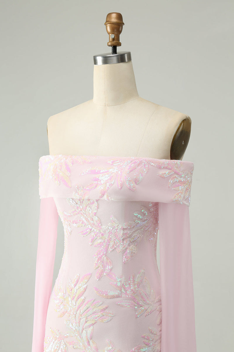 Załaduj obraz do przeglądarki galerii, Błyszcząca Różowa Cekinowa Sukienki Koktajlowe Z Odkrytymi Ramionami I Długimi Rękawami