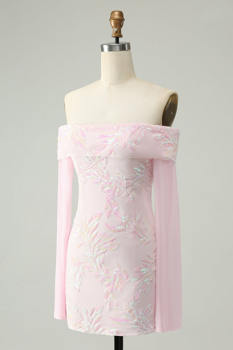 Załaduj obraz do przeglądarki galerii, Błyszcząca Różowa Cekinowa Sukienki Koktajlowe Z Odkrytymi Ramionami I Długimi Rękawami