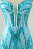 Załaduj obraz do przeglądarki galerii, Błyszcząca Niebieska Sznurowany Tył Sukienki Koktajlowe Z Cekinami