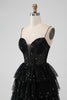 Załaduj obraz do przeglądarki galerii, Błyszcząca Czarna Cienkich Ramiączkach Sukienki Gorsetowa Koktajlowe Z Cekinami