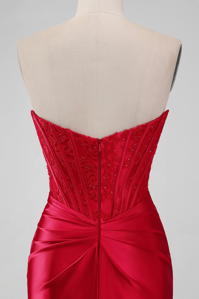 Załaduj obraz do przeglądarki galerii, Błyszcząca Czerwona Bez Ramiączek Sukienki Koktajlowe Z Koronką