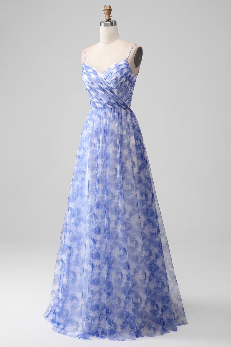 Załaduj obraz do przeglądarki galerii, Niebieska Cienkich Ramiączkach Sukienka Na Wesele w Kształcie Litery A