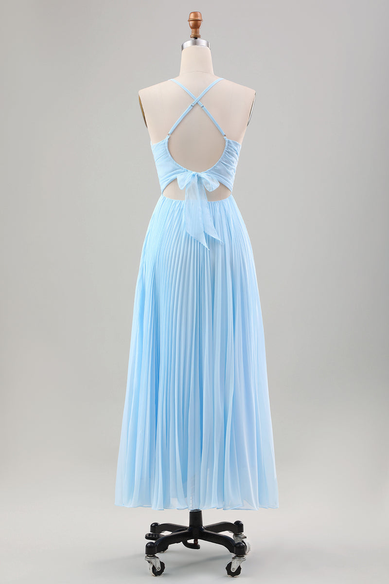 Załaduj obraz do przeglądarki galerii, Błękitna Plisowana Cienkich Ramiączkach Szyfonowa Sukienki Na Wesele