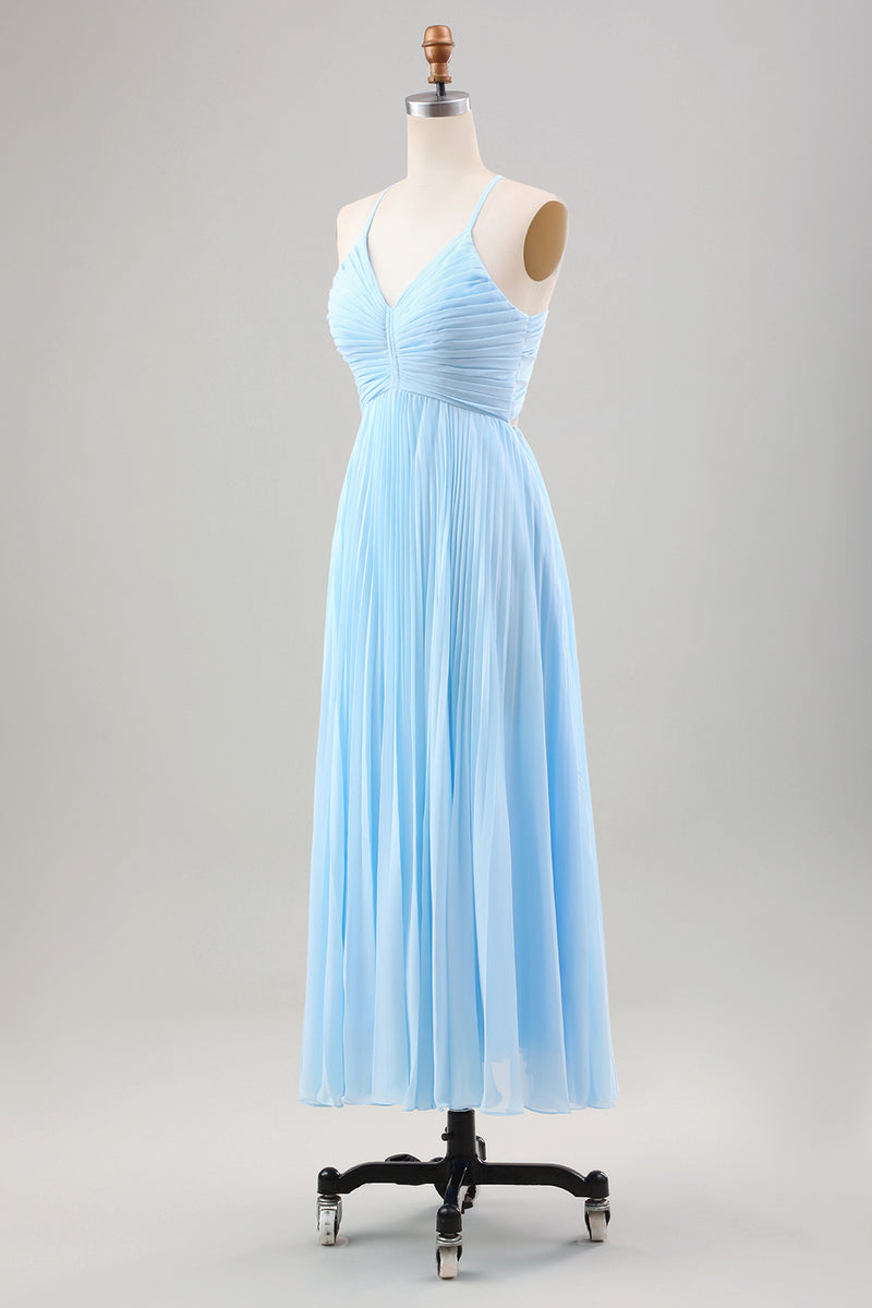 Załaduj obraz do przeglądarki galerii, Błękitna Plisowana Cienkich Ramiączkach Szyfonowa Sukienki Na Wesele