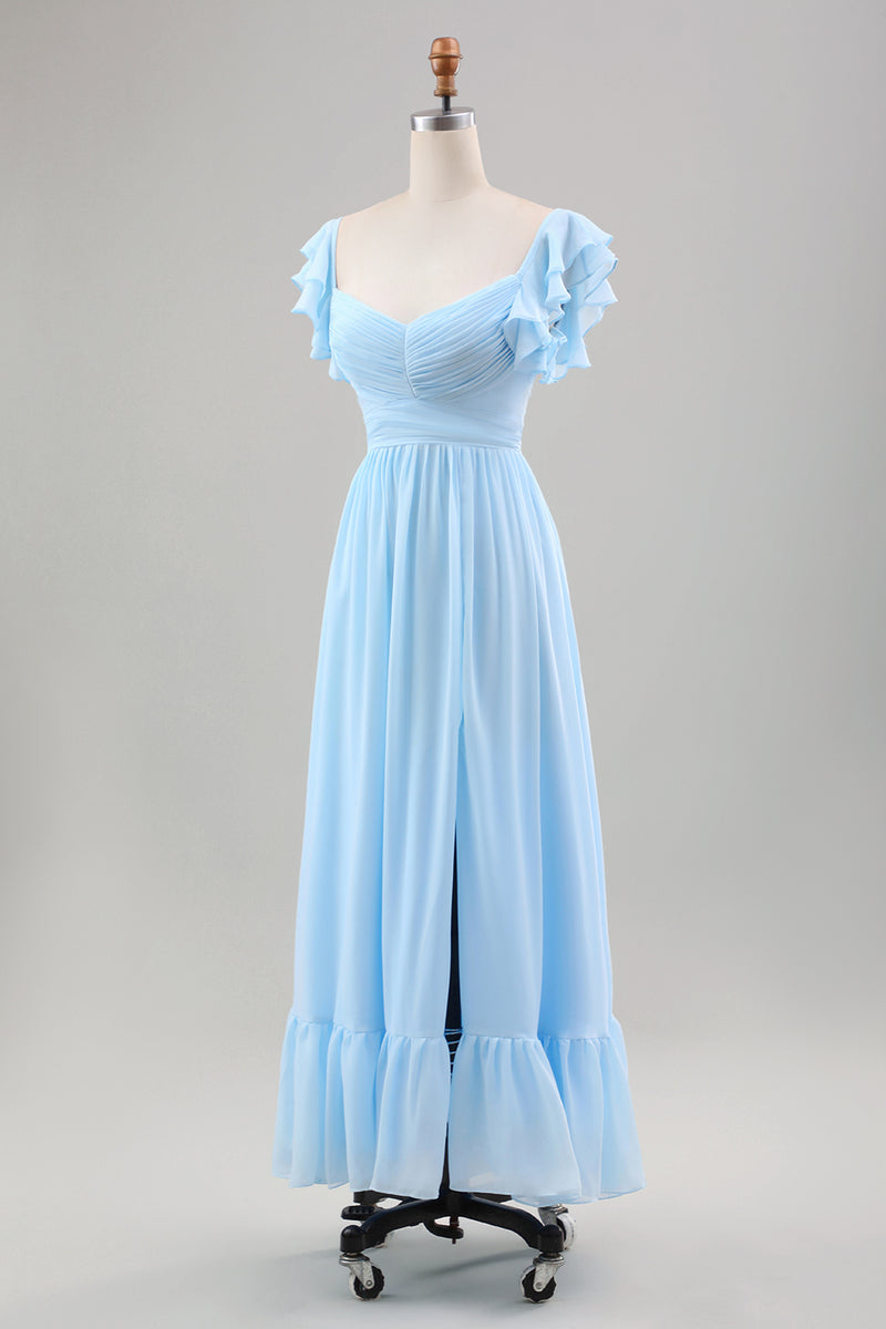 Załaduj obraz do przeglądarki galerii, Błękitna Szyfonowa Sukienki Na Wesele Z Falbankami I Rozcięciem