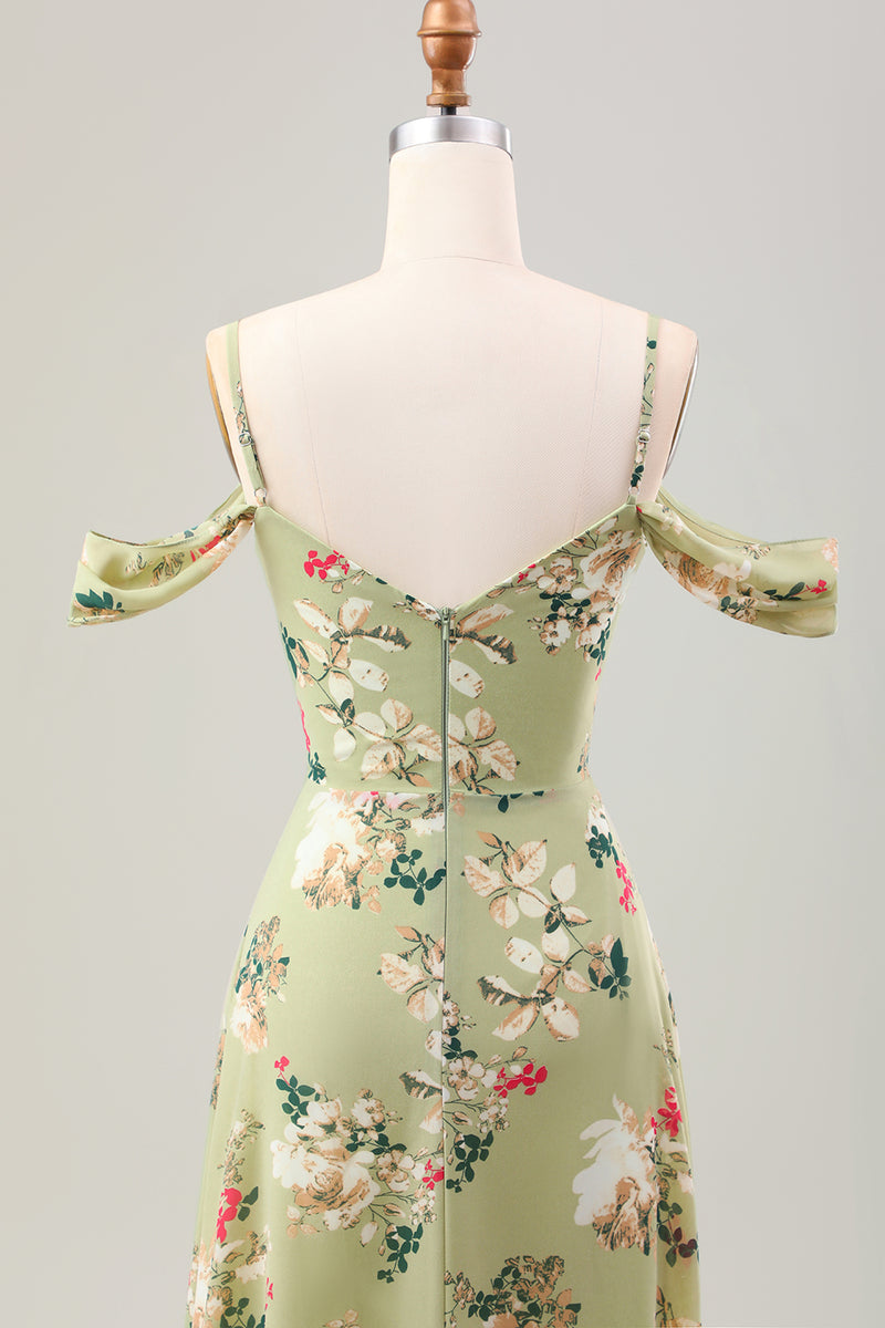 Załaduj obraz do przeglądarki galerii, Zielone Kwiatowa Zimne Ramię Sukienki Na Wesele z Rozcięciem