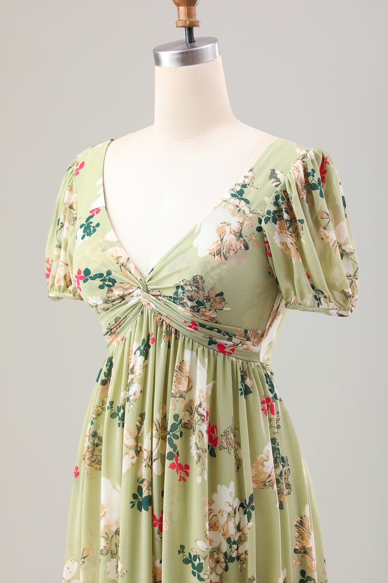 Załaduj obraz do przeglądarki galerii, Zielony Kwiat Dekolt V Sukienki Na Wesele Bez Pleców w Kształcie Litery A