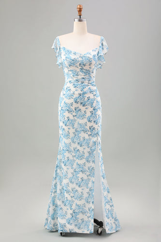 Biała Niebieska Kwiatowa Długa Sukienki Syrenka Na Wesele Z Rozcięciem