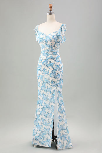 Biała Niebieska Kwiatowa Długa Sukienki Syrenka Na Wesele Z Rozcięciem
