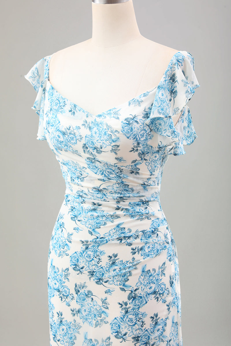 Załaduj obraz do przeglądarki galerii, Biała Niebieska Kwiatowa Długa Sukienki Syrenka Na Wesele Z Rozcięciem