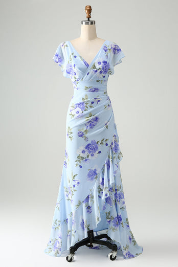 Niebieska Kwiatowa Asymetryczna Sukienki Na Wesele Z Falbanami
