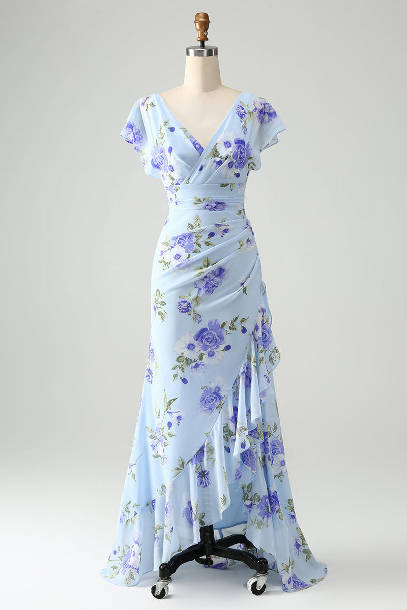 Załaduj obraz do przeglądarki galerii, Niebieska Kwiatowa Asymetryczna Sukienki Na Wesele Z Falbanami