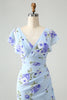 Załaduj obraz do przeglądarki galerii, Niebieska Kwiatowa Asymetryczna Sukienki Na Wesele Z Falbanami