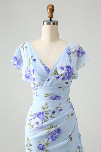Niebieska Kwiatowa Asymetryczna Sukienki Na Wesele Z Falbanami