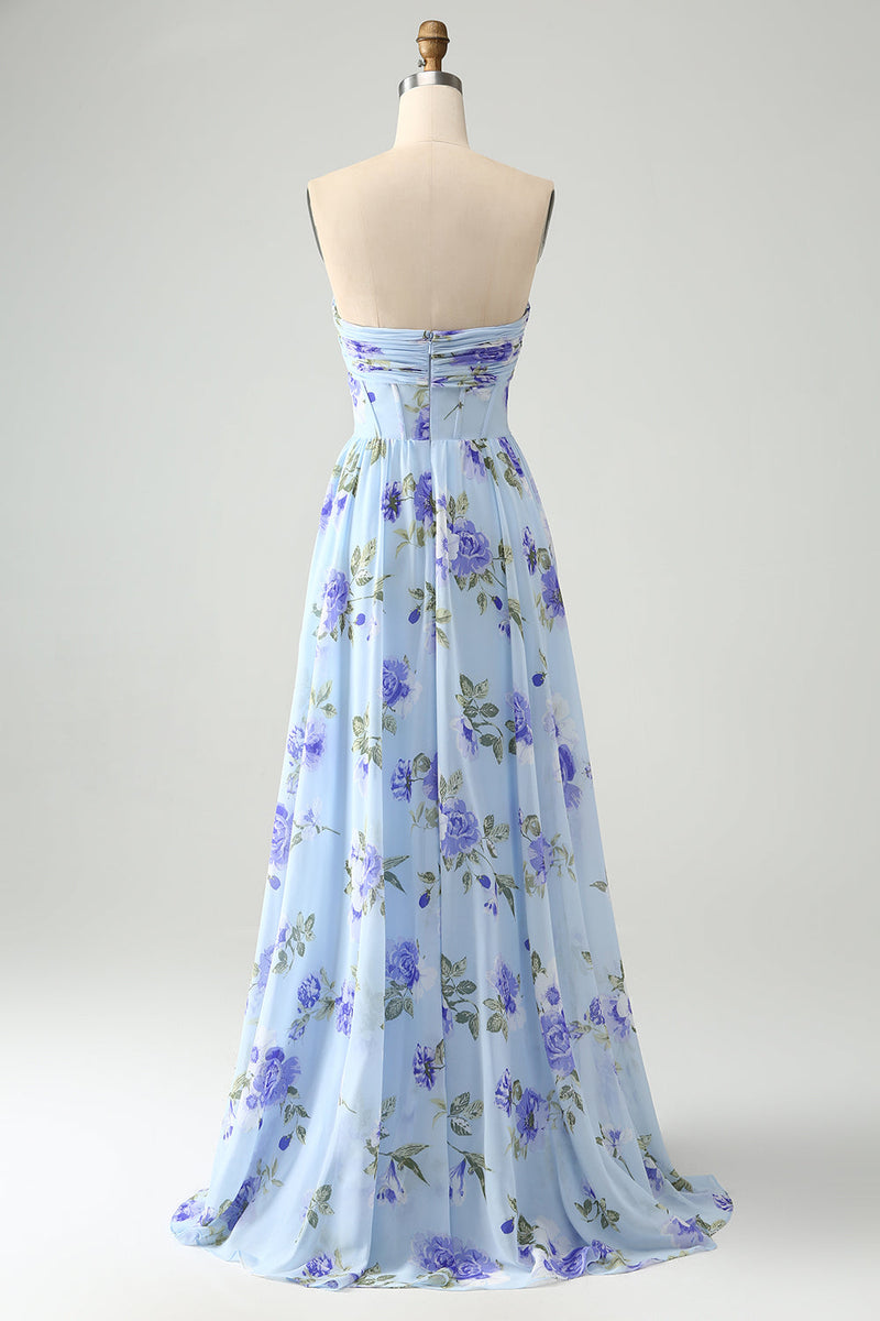 Załaduj obraz do przeglądarki galerii, Niebieska Kwiatowa Dekolt W Kształcie Serca Plisowana Długa Sukienki Na Wesele