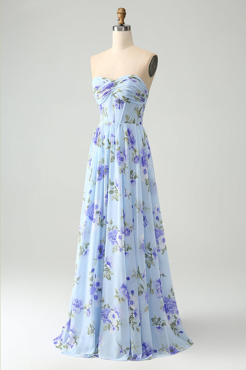 Załaduj obraz do przeglądarki galerii, Niebieska Kwiatowa Dekolt W Kształcie Serca Plisowana Długa Sukienki Na Wesele