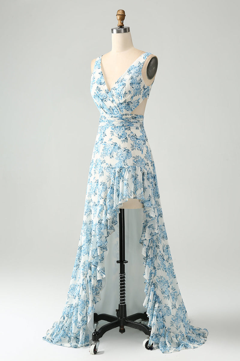 Załaduj obraz do przeglądarki galerii, Biała Niebieska Kwiat Dekolt V Sukienki Na Wesele Z Falbankami