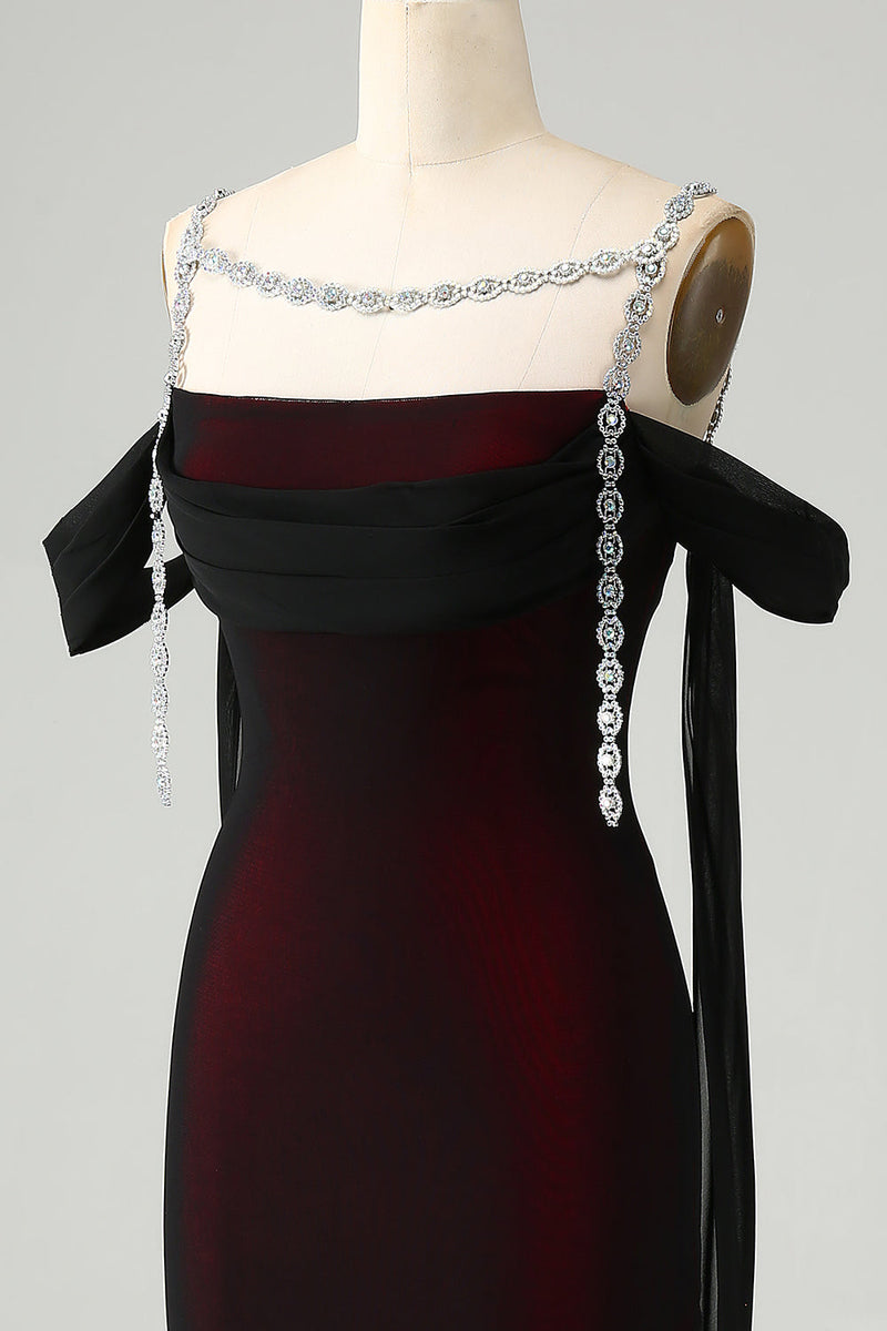 Załaduj obraz do przeglądarki galerii, Błyszcząca Czarna Czerwona Syrenka Zimna Sukienka Na Ramię Długa Sukienka Druhny