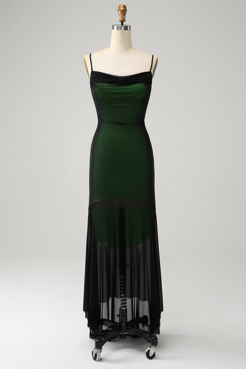 Załaduj obraz do przeglądarki galerii, Czarne zielone ramiączka Spaghetti Syrenka Szyfonowa sukienka dla druhny
