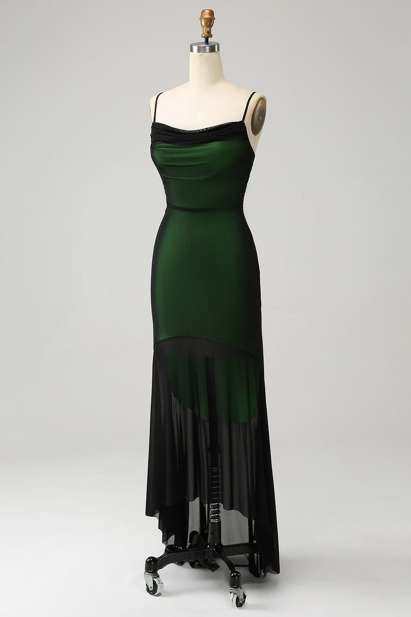 Załaduj obraz do przeglądarki galerii, Czarne zielone ramiączka Spaghetti Syrenka Szyfonowa sukienka dla druhny
