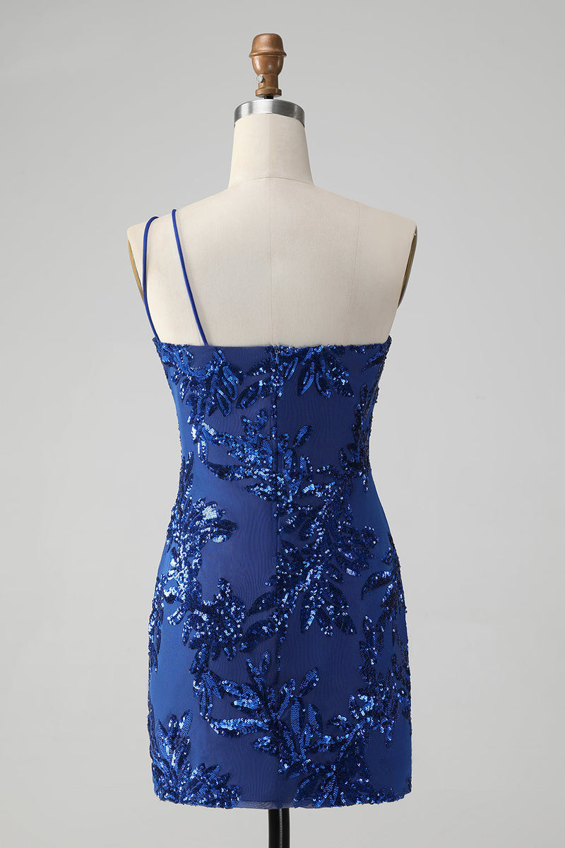 Załaduj obraz do przeglądarki galerii, Błyszcząca Królewski Niebieski Cekinowa Sukienki Koktajlowe Z Haftem I Odkrytymi Ramionami