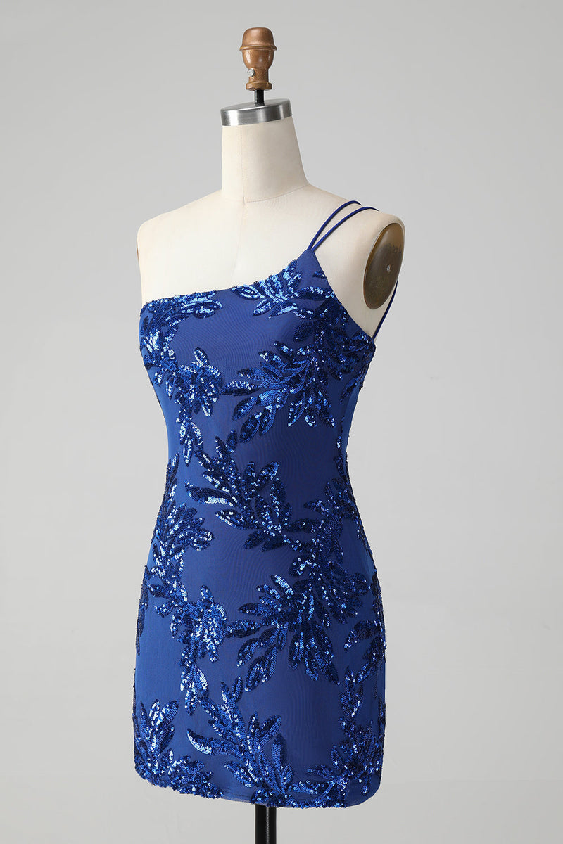 Załaduj obraz do przeglądarki galerii, Błyszcząca Królewski Niebieski Cekinowa Sukienki Koktajlowe Z Haftem I Odkrytymi Ramionami