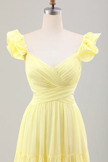 Prosta Żółty Cytrynowy Plisowana Sukienki Na Wesele w Kształcie Litery A