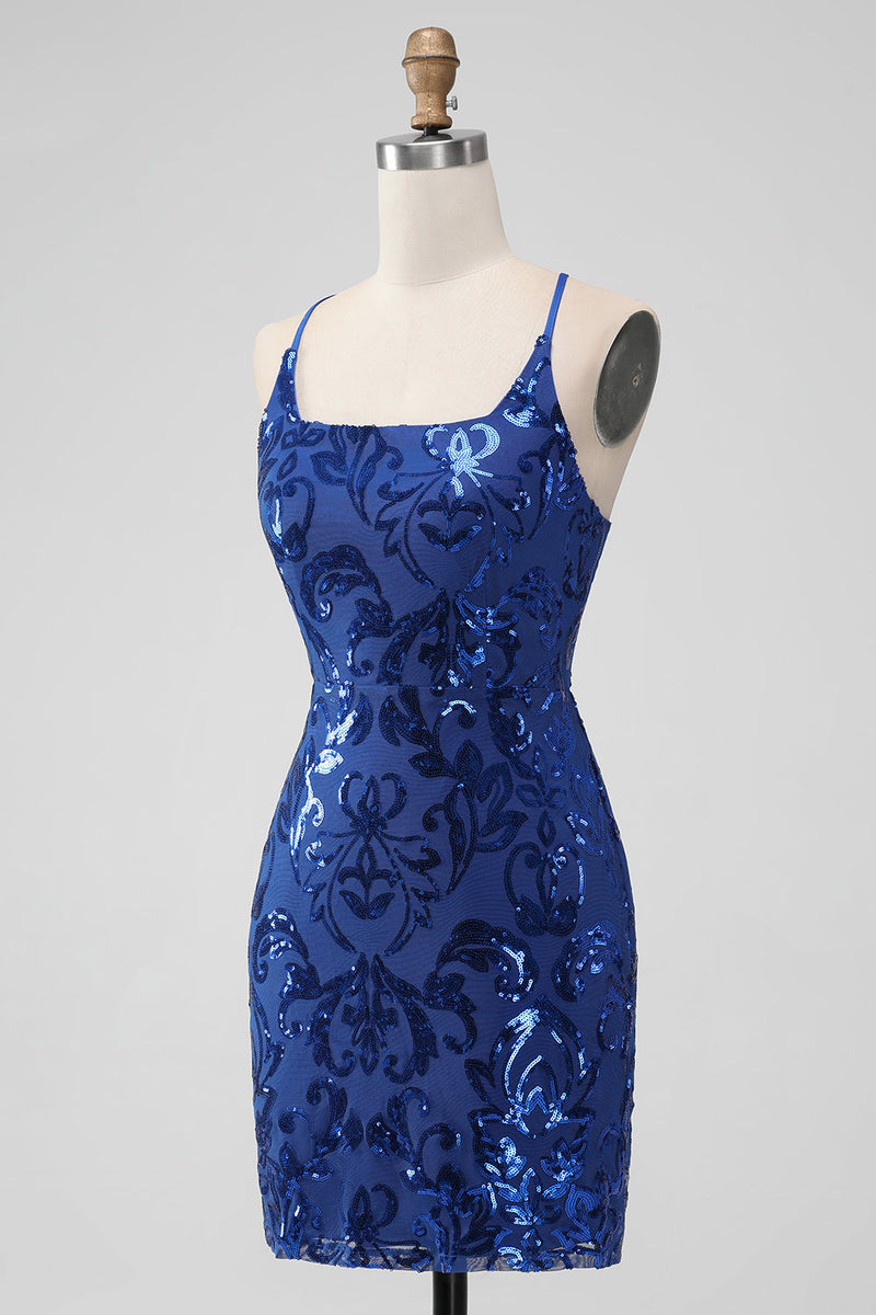 Załaduj obraz do przeglądarki galerii, Błyszcząca Królewska Niebieska Ołówkowe Sukienki Koktajlowe Z Cekinami