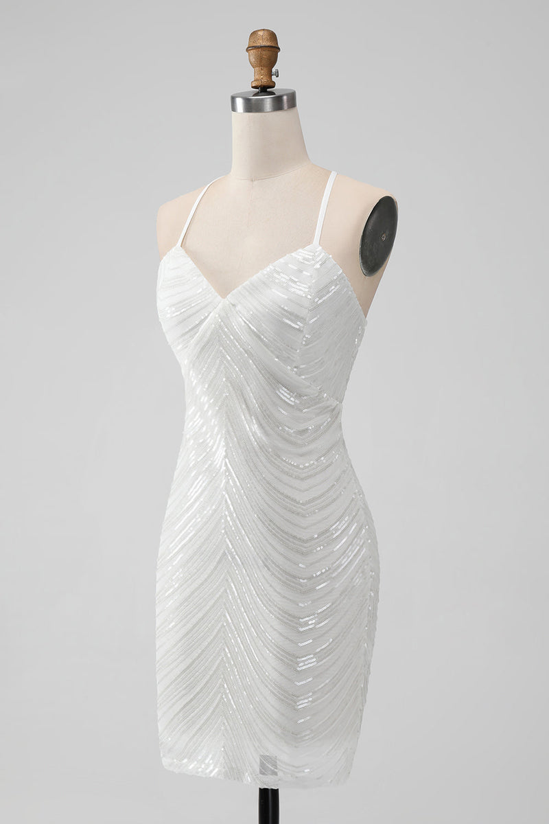 Załaduj obraz do przeglądarki galerii, Błyszcząca Biała Cekinowa Cienkich Ramiączkach Sukienki Koktajlowe