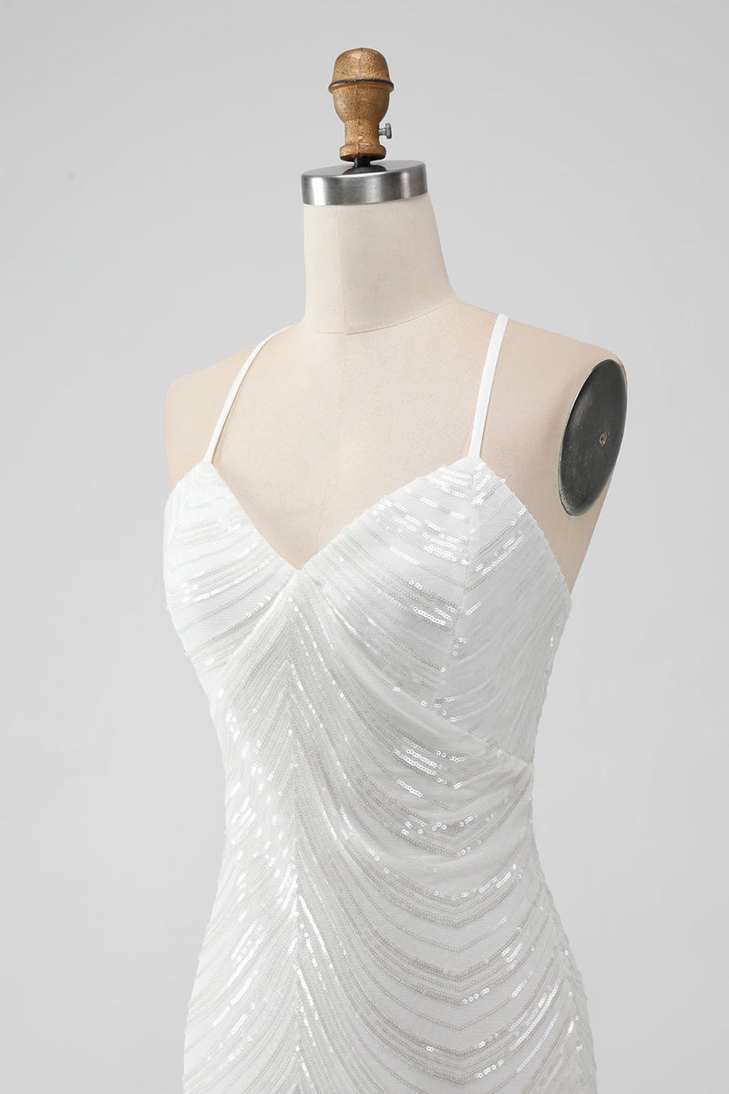 Załaduj obraz do przeglądarki galerii, Błyszcząca Biała Cekinowa Cienkich Ramiączkach Sukienki Koktajlowe