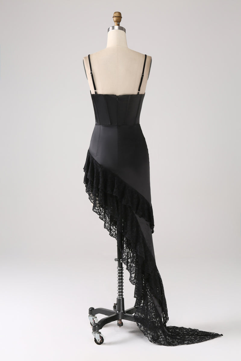 Załaduj obraz do przeglądarki galerii, Asymetryczna Czarna Cienkich Ramiączkach Sukienka Na Studniówkę Z Gorsetem