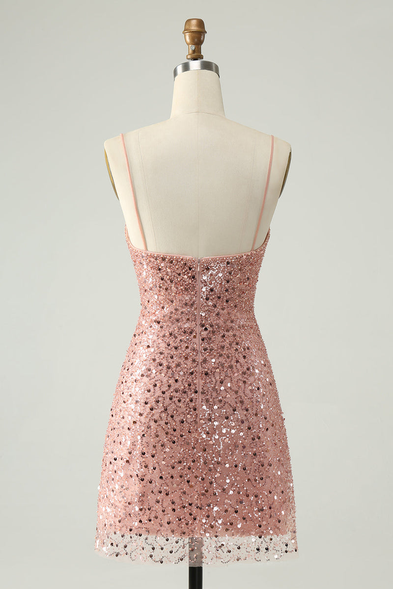 Załaduj obraz do przeglądarki galerii, Błyszczące Różowe Cekinowa Cienkich Ramiączkach Sukienki Koktajlowe