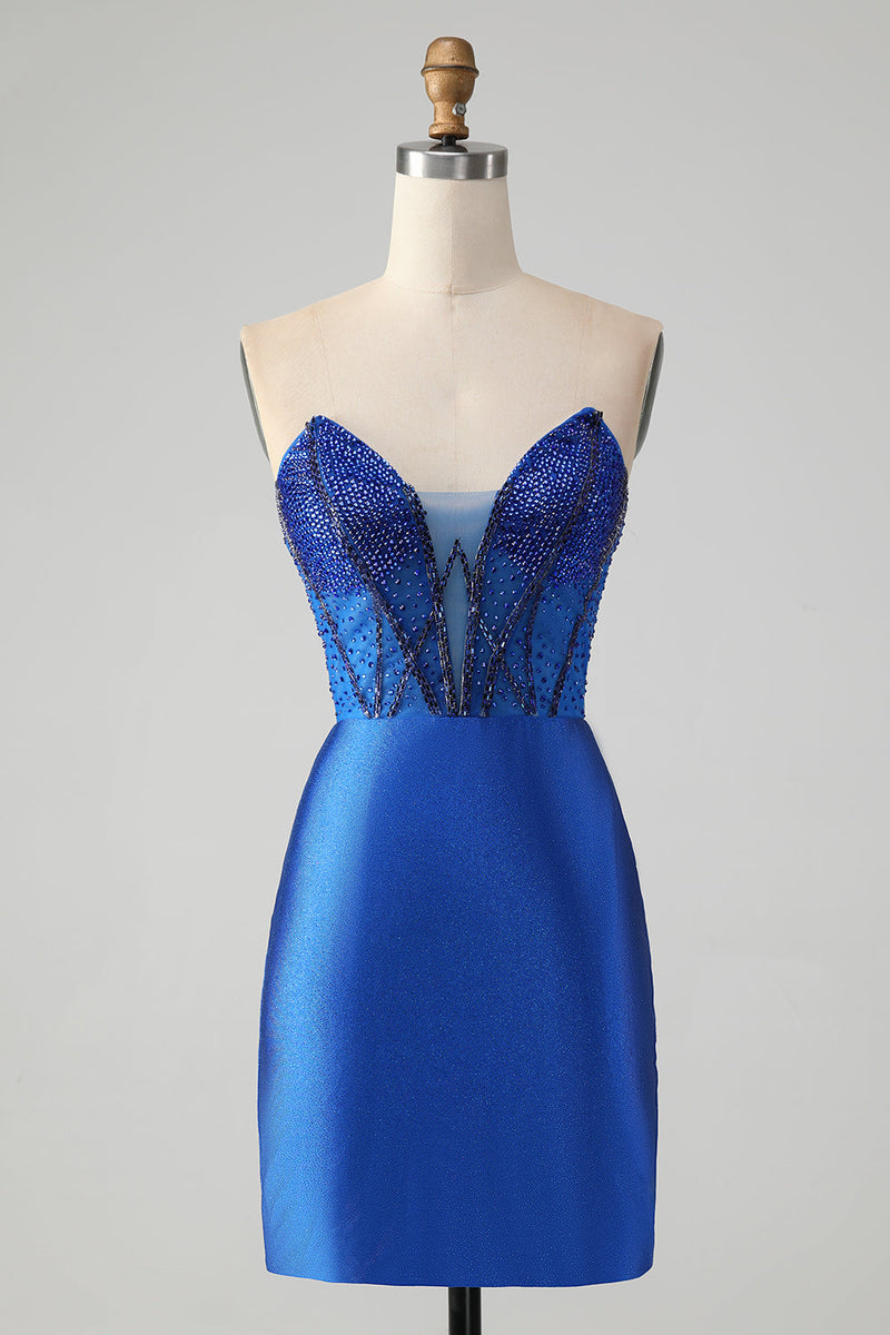 Załaduj obraz do przeglądarki galerii, Błyszcząca Królewska Niebieska Bodycon Krótka Sukienka Bez Ramiączek Z Koralikami