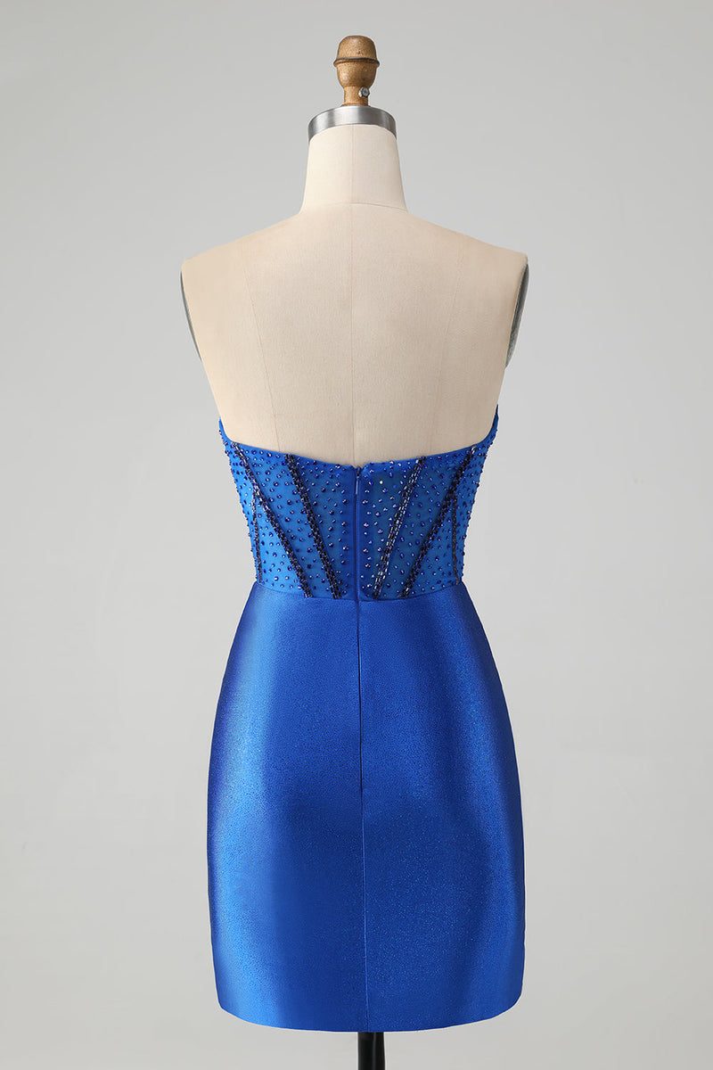 Załaduj obraz do przeglądarki galerii, Błyszcząca Królewska Niebieska Krótka Sukienki Koktajlowe Bez Ramiączek Z Koralikami