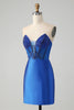 Załaduj obraz do przeglądarki galerii, Błyszcząca Królewska Niebieska Bodycon Krótka Sukienka Bez Ramiączek Z Koralikami