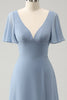 Załaduj obraz do przeglądarki galerii, Szara niebieska bufiasta szyfonowa sukienka dla druhen z dekoltem w serek z wydrążonymi plecami