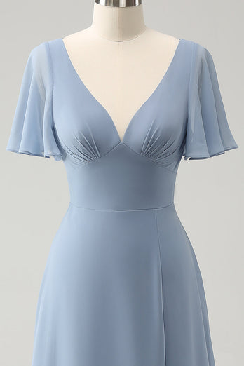 Szara niebieska bufiasta szyfonowa sukienka dla druhen z dekoltem w serek z wydrążonymi plecami