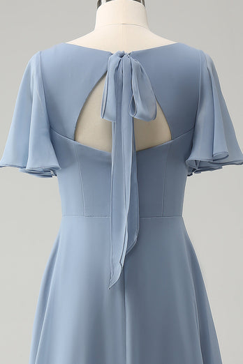 Szara niebieska bufiasta szyfonowa sukienka dla druhen z dekoltem w serek z wydrążonymi plecami