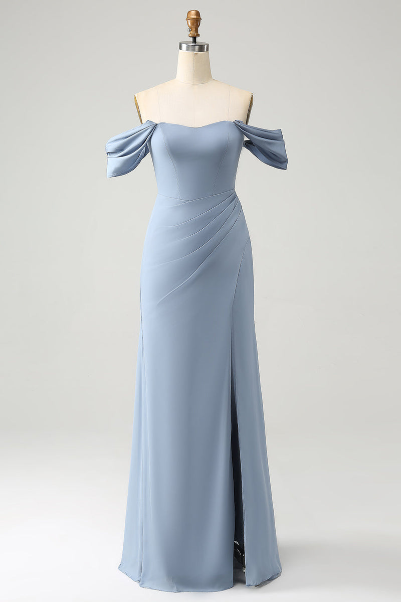 Załaduj obraz do przeglądarki galerii, Szaro-niebieska syrenka z odkrytymi ramionami szyfonowa długa sukienka dla druhny z rozcięciem