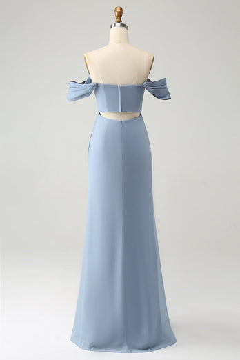 Szaro-niebieska syrenka z odkrytymi ramionami szyfonowa długa sukienka dla druhny z rozcięciem