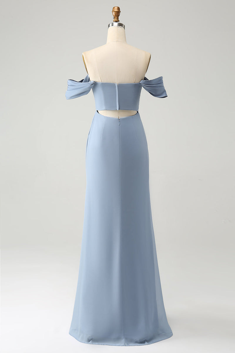 Załaduj obraz do przeglądarki galerii, Szaro-niebieska syrenka z odkrytymi ramionami szyfonowa długa sukienka dla druhny z rozcięciem