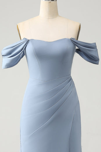 Szaro-niebieska syrenka z odkrytymi ramionami szyfonowa długa sukienka dla druhny z rozcięciem