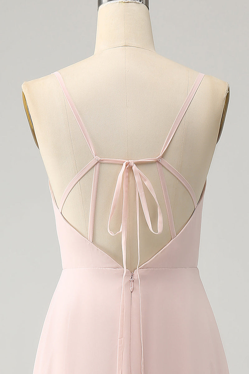 Załaduj obraz do przeglądarki galerii, Różowa Linia W Szpic Szyfonowa Długa Sukienka Druhny Z Rozcięciem
