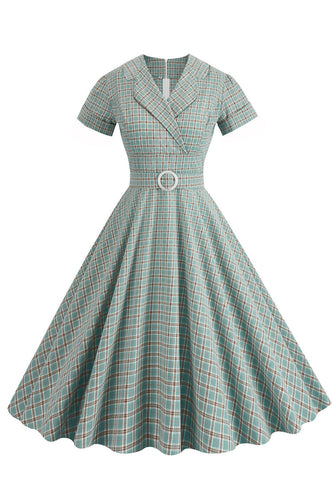 Zielona siatka A Line Lapel Vintage 1950 Sukienka z krótkimi rękawami