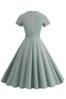 Zielona siatka A Line Lapel Vintage 1950 Sukienka z krótkimi rękawami