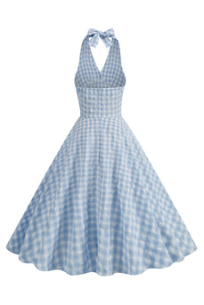 Halter Niebieska Sukienka W Kratę 1950 Z Kokardą
