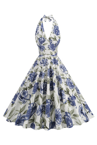 Halter Biała Niebieska Sukienka Z Kwiatowym Nadrukiem Z 1950 Roku