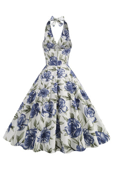 Halter Biała Niebieska Sukienka Z Kwiatowym Nadrukiem Z 1950 Roku