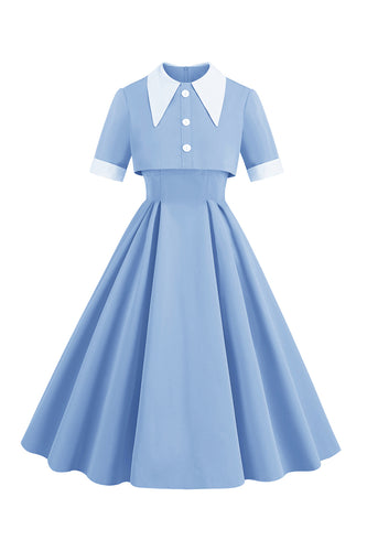 Niebieski kołnierzyk Piotruś Pan Dwuczęściowa sukienka midi vintage 1950 z guzikami